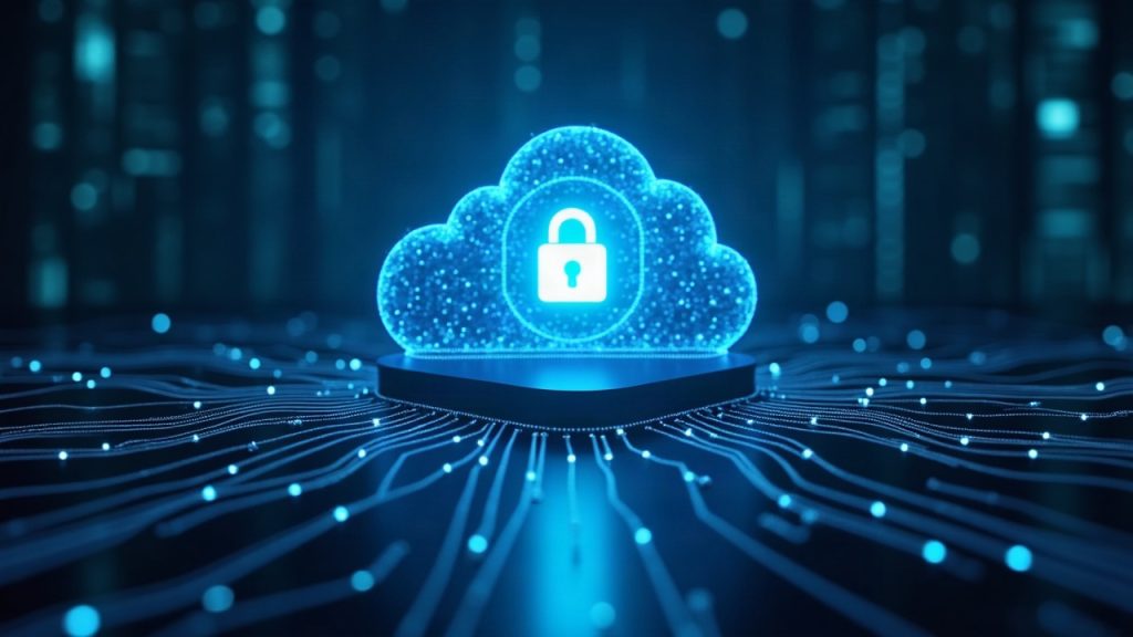 Photorealistic header: private uncensored AI server in a glowing secure enclave, shield, and data flowing to cloud