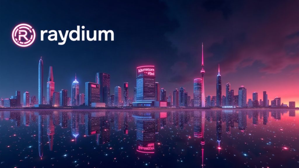 Photorealistic crypto header with Raydium logo overpowering Pump.fun above a Solana skyline and neon volume chart.