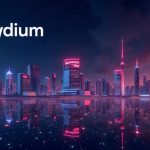 Photorealistic crypto header with Raydium logo overpowering Pump.fun above a Solana skyline and neon volume chart.