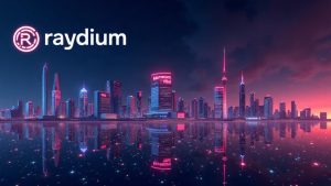 Photorealistic crypto header with Raydium logo overpowering Pump.fun above a Solana skyline and neon volume chart.