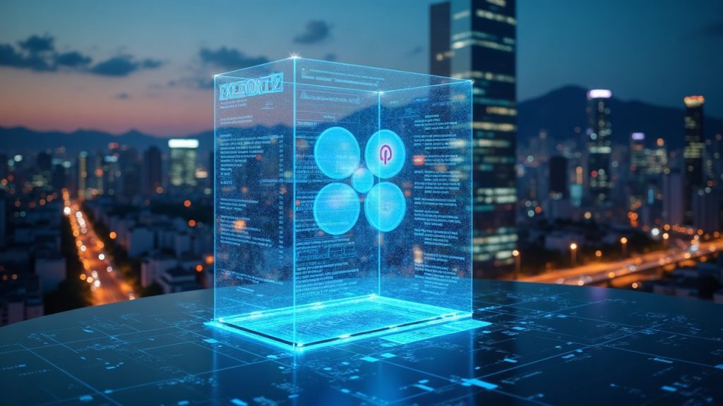 Seoul skyline at dusk with a holographic custody terminal branded Ripple and Meritz, connected blockchain links.