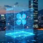Seoul skyline at dusk with a holographic custody terminal branded Ripple and Meritz, connected blockchain links.