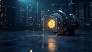 Photorealistic header: glass vault channels RLUSD from BUIDL and VBILL into a glowing RLUSD coin amid a blockchain backdrop.