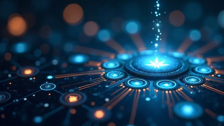 Newsroom scene featuring Stellar and Securitize logos with glowing token icons flowing through a multichain network hub