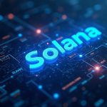 Photorealistic Solana centerpiece showing blue logo, interconnected validator nodes, glowing lines, and an Alpenglow countdown.