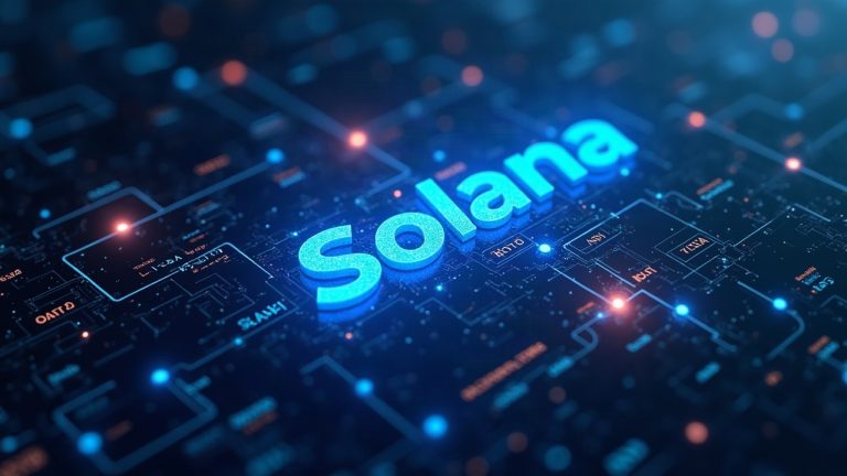 Photorealistic Solana centerpiece showing blue logo, interconnected validator nodes, glowing lines, and an Alpenglow countdown.