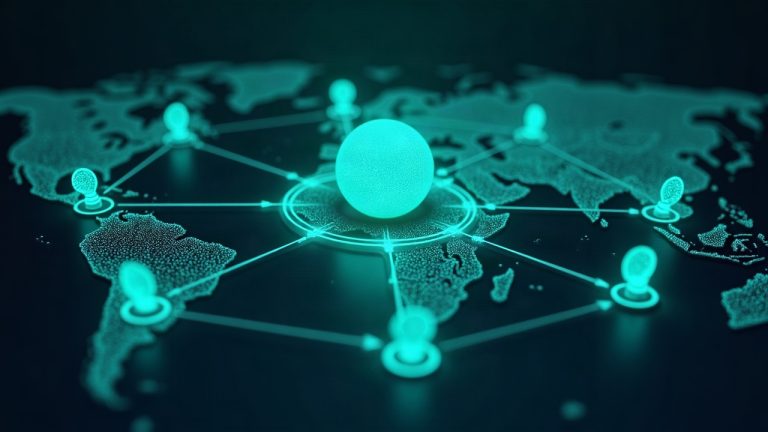 Photorealistic Solana network map with a glowing Jupiter hub routing to multiple DEX icons in neon blue-green tones