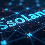 Photorealistic Solana logo with 1.4M glowing addresses forming a network around stock symbols, depicting on-chain equities.