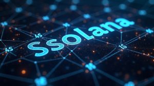 Photorealistic Solana logo with 1.4M glowing addresses forming a network around stock symbols, depicting on-chain equities.