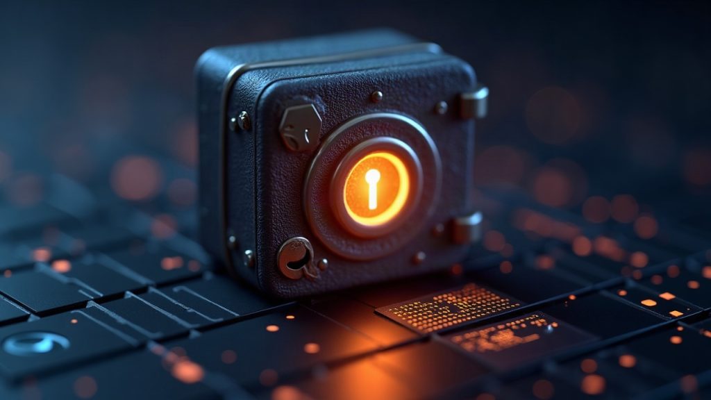Photorealistic crypto wallet vault with a glowing keyhole and a paused icon over a validator grid.