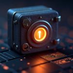 Photorealistic crypto wallet vault with a glowing keyhole and a paused icon over a validator grid.