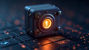 Photorealistic crypto wallet vault with a glowing keyhole and a paused icon over a validator grid.