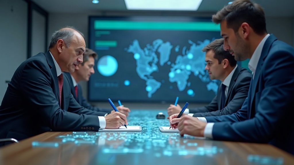 Photorealistic signing scene with Tether and Kazakhstan authorities, holographic tenge and asset tokens, Hadron dashboards.