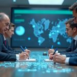 Photorealistic signing scene with Tether and Kazakhstan authorities, holographic tenge and asset tokens, Hadron dashboards.