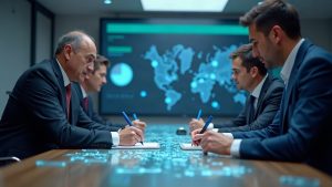 Photorealistic signing scene with Tether and Kazakhstan authorities, holographic tenge and asset tokens, Hadron dashboards.