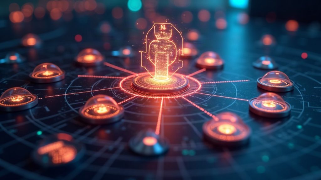 Photorealistic trading desk with tokenized stock icons NVDAc and Aerodrome, Base network hologram, and a bold 4B USD figure.