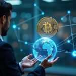 Photorealistic fintech scene featuring an executive examining a holographic Sukuk token on a globe, connected by blockchain nodes.