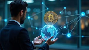 Photorealistic fintech scene featuring an executive examining a holographic Sukuk token on a globe, connected by blockchain nodes.
