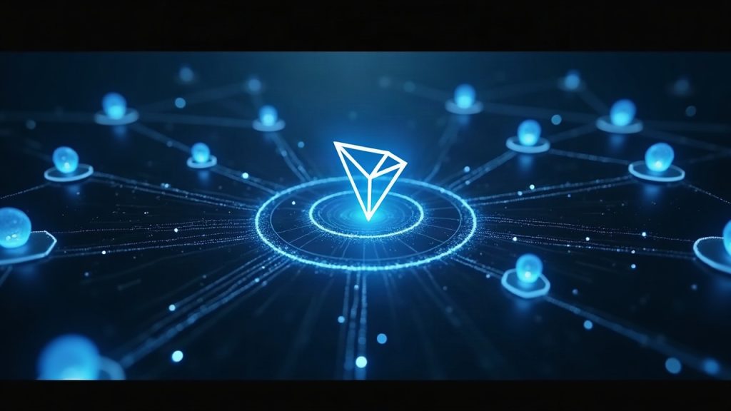 Photorealistic header: central TRON logo, network of nodes, and a bold 2.21T with 18M active addresses.