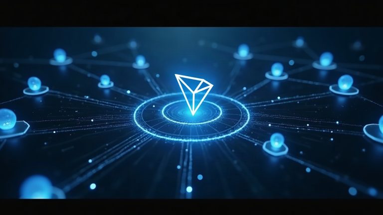 Photorealistic header: central TRON logo, network of nodes, and a bold 2.21T with 18M active addresses.