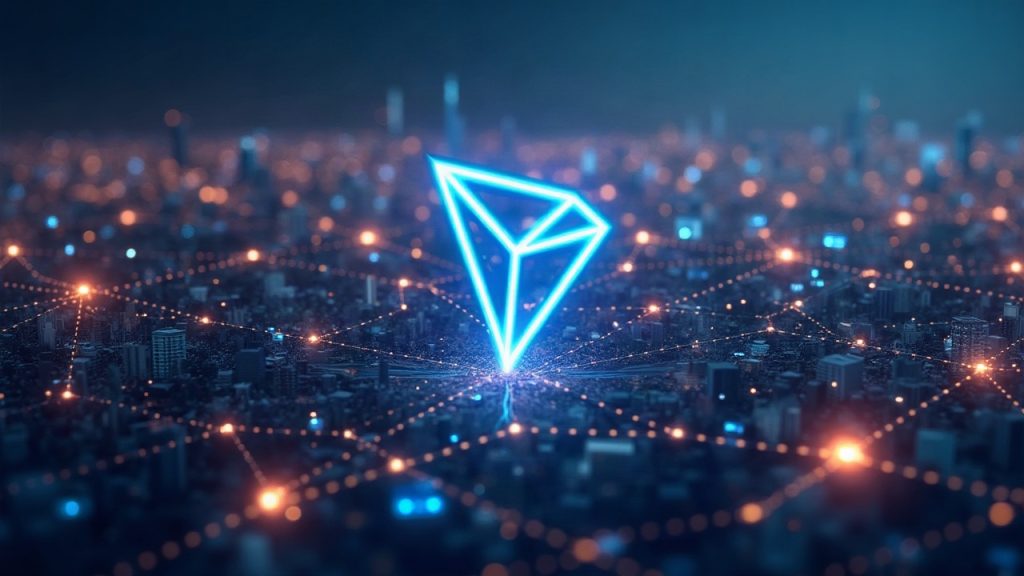 Futuristic cityscape with a glowing TRON logo and converging transaction lines, plus a subtle quantum motif.