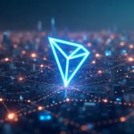 Futuristic cityscape with a glowing TRON logo and converging transaction lines, plus a subtle quantum motif.