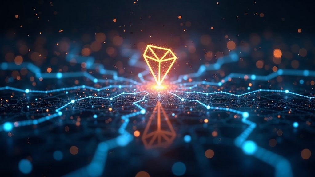 Photorealistic TRON hub showing tokenized equities and U.S. Treasuries with a blockchain lattice overlay and post-quantum glow