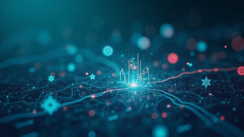 Photorealistic crypto header with a transparent blockchain ledger, floating tokens, a red glitch line, and a central vault in blue-teal.