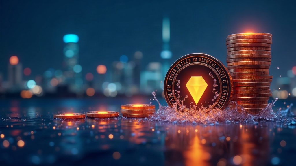 Uniswap emblem with glowing stablecoins flowing into a liquidity pool dashboard, futuristic DeFi scene.