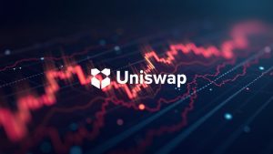 Photorealistic header showing Uniswap logo center, glowing volume chart, and digital market backdrop.