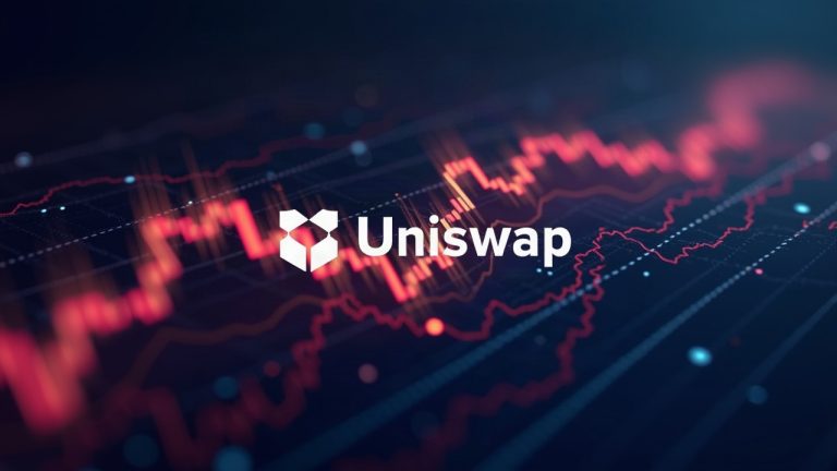 Photorealistic header showing Uniswap logo center, glowing volume chart, and digital market backdrop.