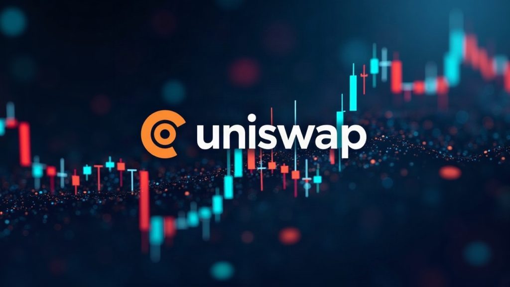 Futuristic trading dashboard with USDC tokens flowing and a prominent Uniswap logo, illustrating market share in DEX volume.