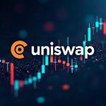 Futuristic trading dashboard with USDC tokens flowing and a prominent Uniswap logo, illustrating market share in DEX volume.