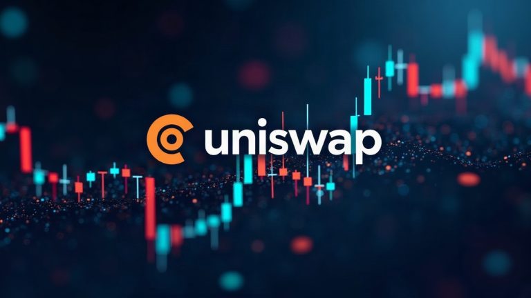 Futuristic trading dashboard with USDC tokens flowing and a prominent Uniswap logo, illustrating market share in DEX volume.