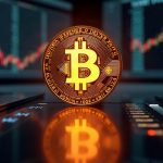 Glowing bitcoin coin rising above a sleek dashboard with ETF tickers and a bullish chart.