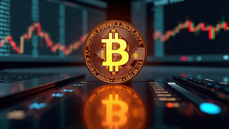 Glowing bitcoin coin rising above a sleek dashboard with ETF tickers and a bullish chart.