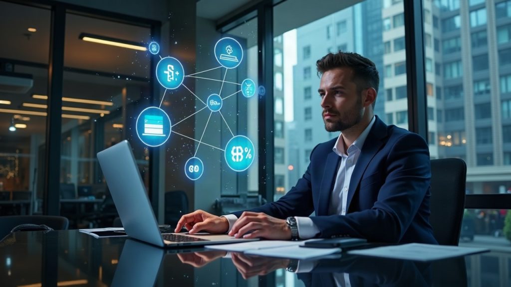 Wall Street executive at a sleek NYC desk with holographic tokens and blockchain icons symbolizing tokenization.