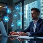 Wall Street executive at a sleek NYC desk with holographic tokens and blockchain icons symbolizing tokenization.