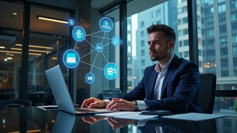 Wall Street executive at a sleek NYC desk with holographic tokens and blockchain icons symbolizing tokenization.
