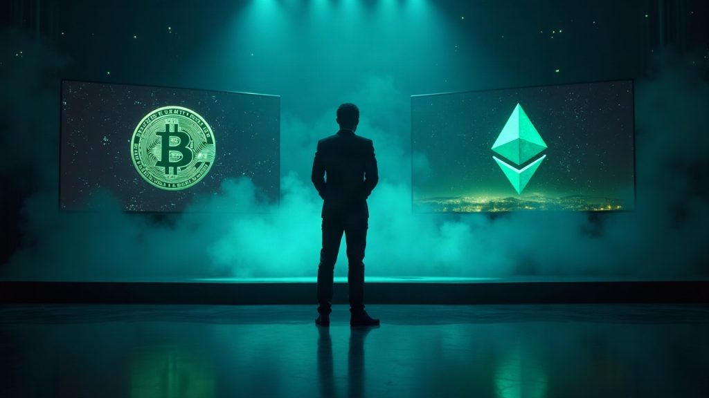 Photorealistic fintech analyst beside split-screen showing Bitcoin ETF inflow rising and Ether ETF outflow in a sleek newsroom.