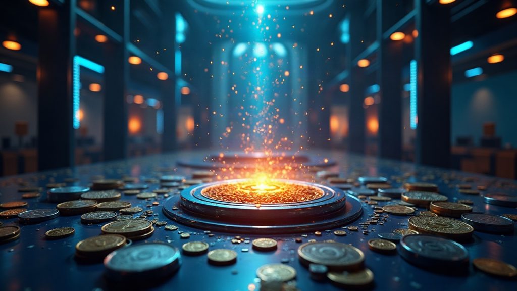 Futuristic crypto governance chamber; a voting node is manipulated by a flash loan as USDT flows into a hidden treasury.