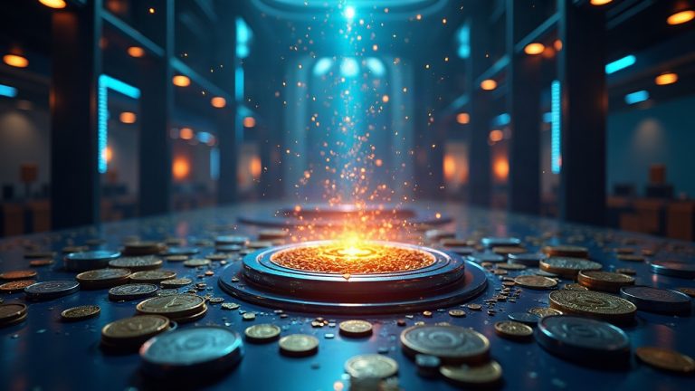 Futuristic crypto governance chamber; a voting node is manipulated by a flash loan as USDT flows into a hidden treasury.