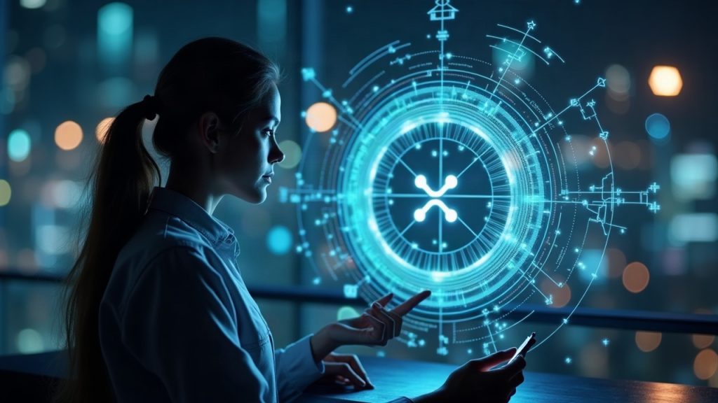Photorealistic AI agent avatar interacting with a glowing XRPL wallet hub featuring the XRP logo and Privy integration