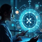 Photorealistic AI agent avatar interacting with a glowing XRPL wallet hub featuring the XRP logo and Privy integration