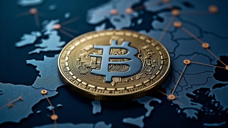 Photorealistic crypto newsroom header with XRPL logo center, EURØP symbol, euro coins orbiting around a map.