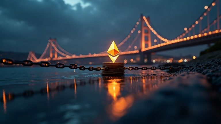 Photorealistic header showing a cross-chain bridge with paused Ethereum escrow and a glowing forged-root symbol over a newsroom overlay